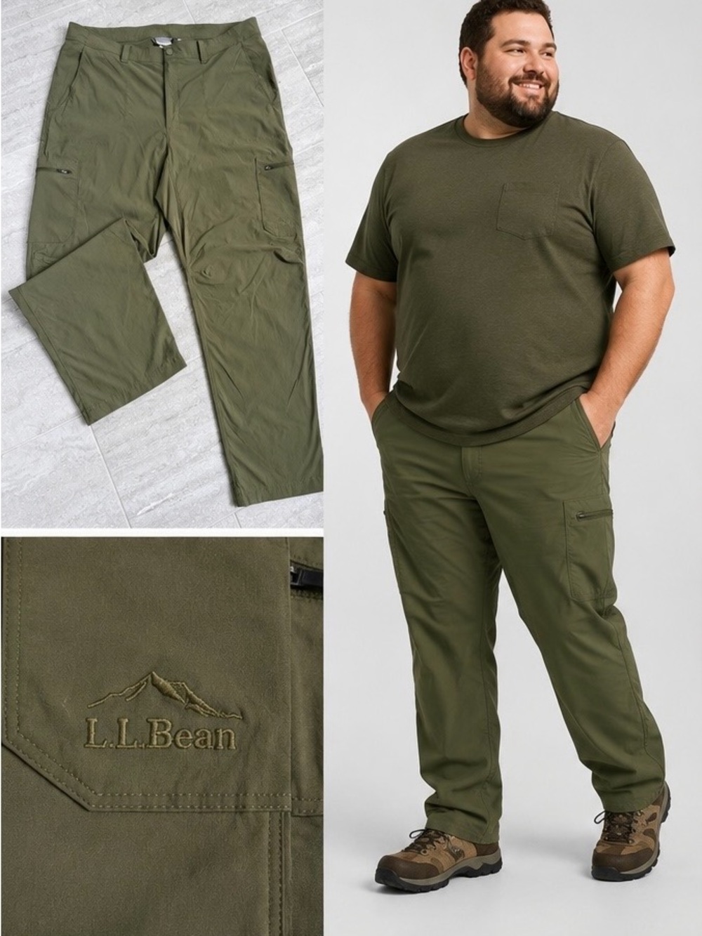 L.L.Bean Men’s 40x30 Olive Hiking Cargo Utility Pants Stretch Zip Pocket Outdoor